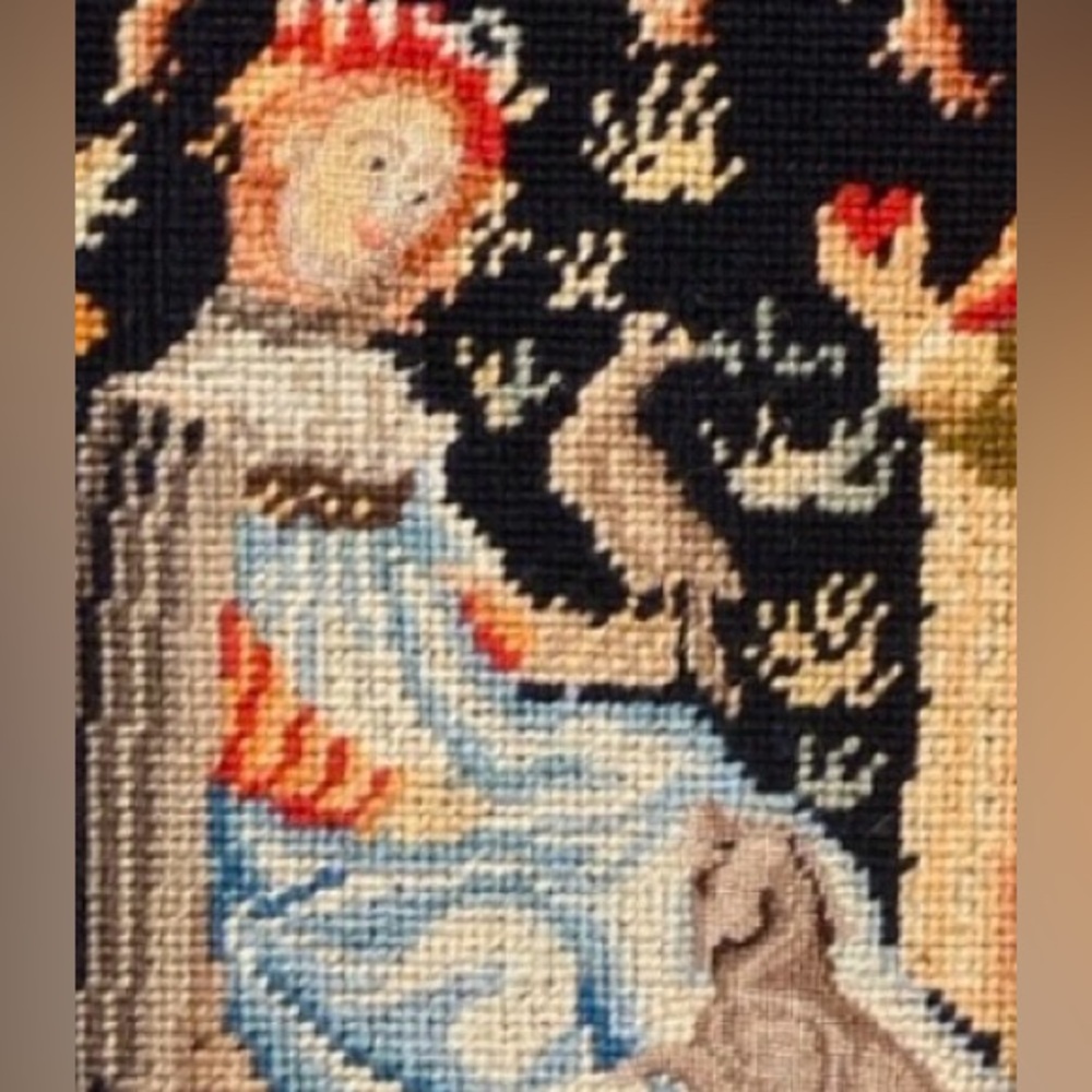 Vintage Framed Needlepoint Medieval Tapestry Wall Art Courtly Scene Dog - Picture 2 of 6